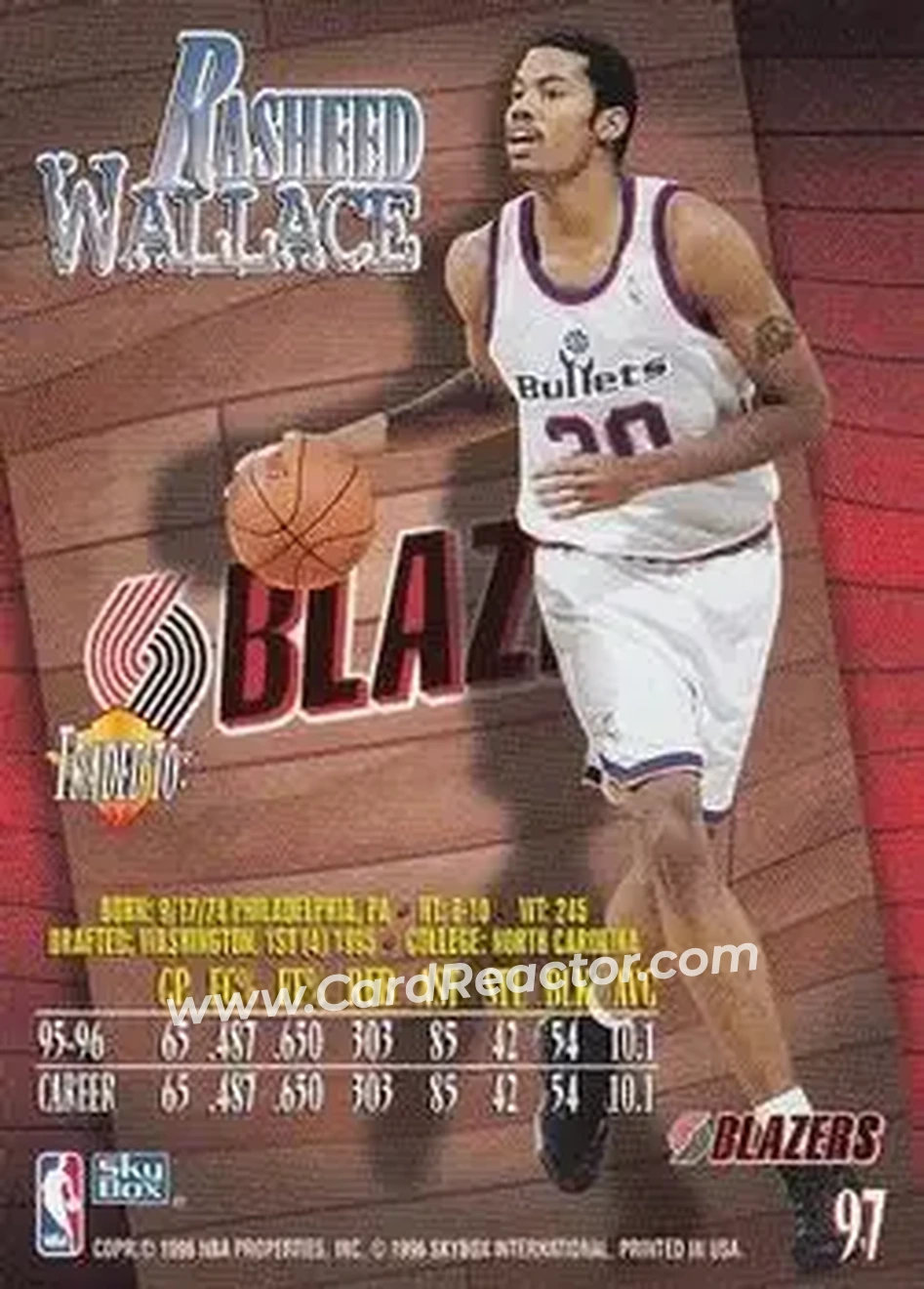 1996-97 SkyBox Z-Force #97 - Rasheed Wallace - Portland Trail Blazers - Back