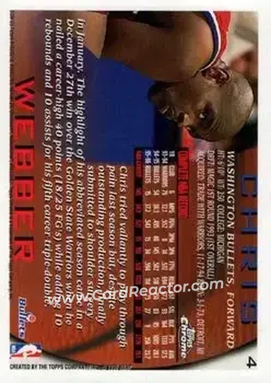 1996-97 Topps Chrome #4 - Chris Webber - Washington Bullets - Back 1996-97 Topps Chrome #4 - Chris Webber - Washington Bullets - Back