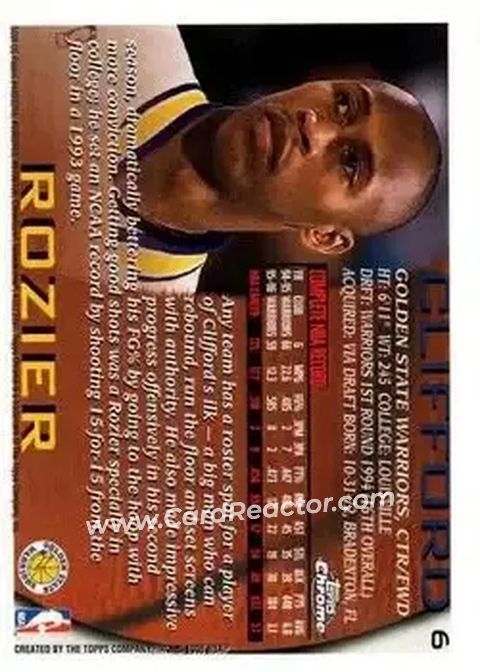 1996-97 Topps Chrome #6 - Clifford Rozier - Golden State Warriors - Back
