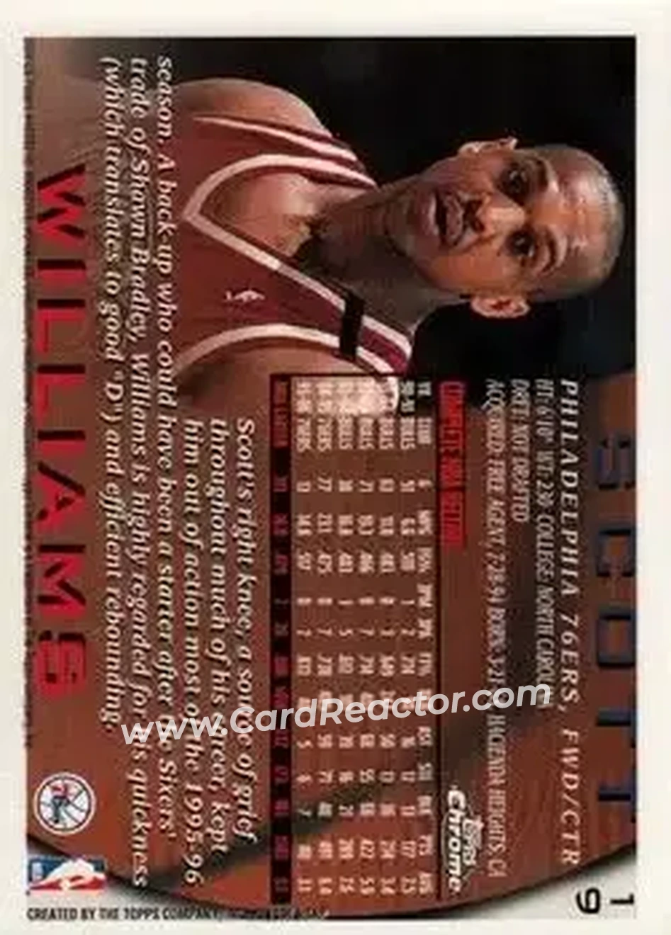 1996-97 Topps Chrome #19 - Scott Williams - Philadelphia 76ers - Back