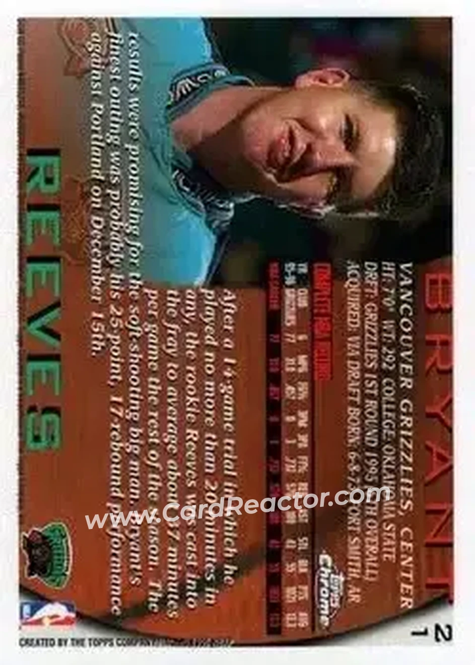 1996-97 Topps Chrome #21 - Bryant Reeves - Vancouver Grizzlies - Back