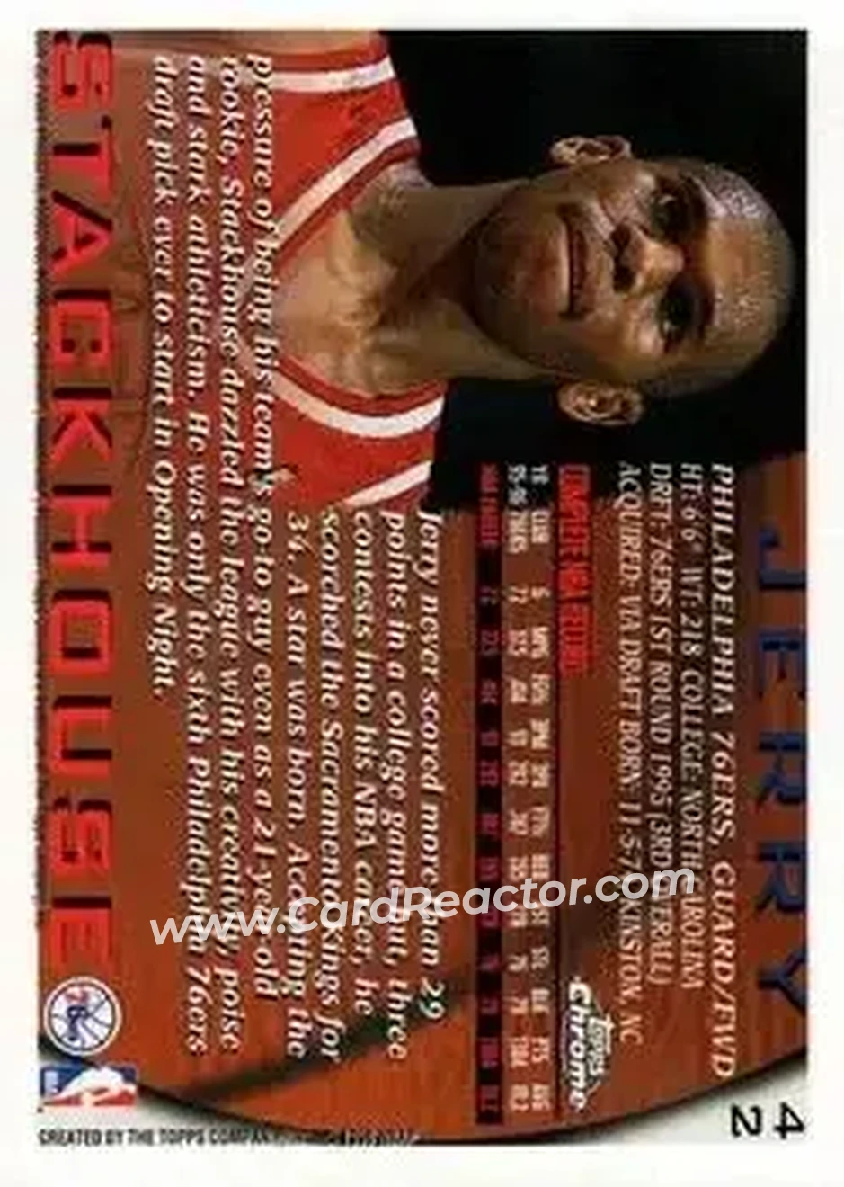 1996-97 Topps Chrome #42 - Jerry Stackhouse - Philadelphia 76ers - Back
