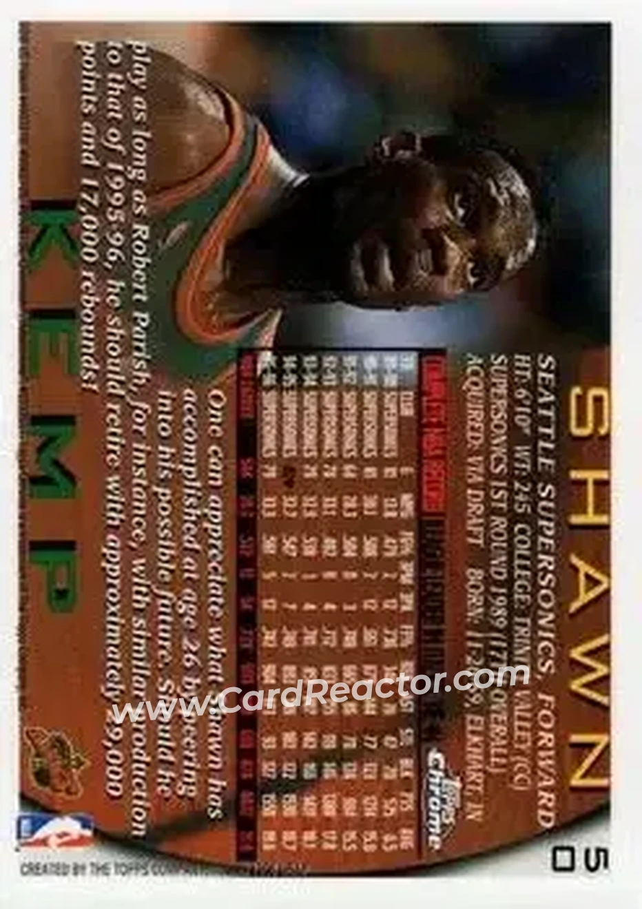 1996-97 Topps Chrome #50 - Shawn Kemp - Seattle SuperSonics - Back