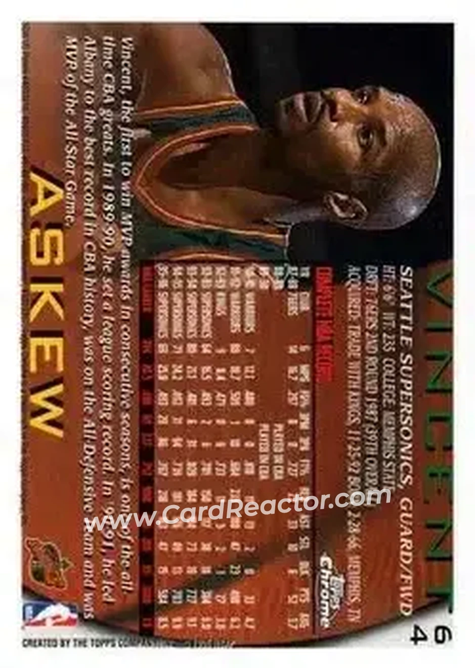 1996-97 Topps Chrome #64 - Vincent Askew - Seattle SuperSonics - Back