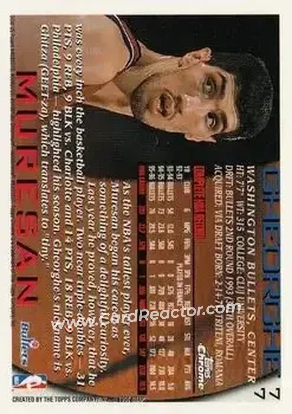 1996-97 Topps Chrome #77 - Gheorghe Mureșan - Washington Bullets - Back