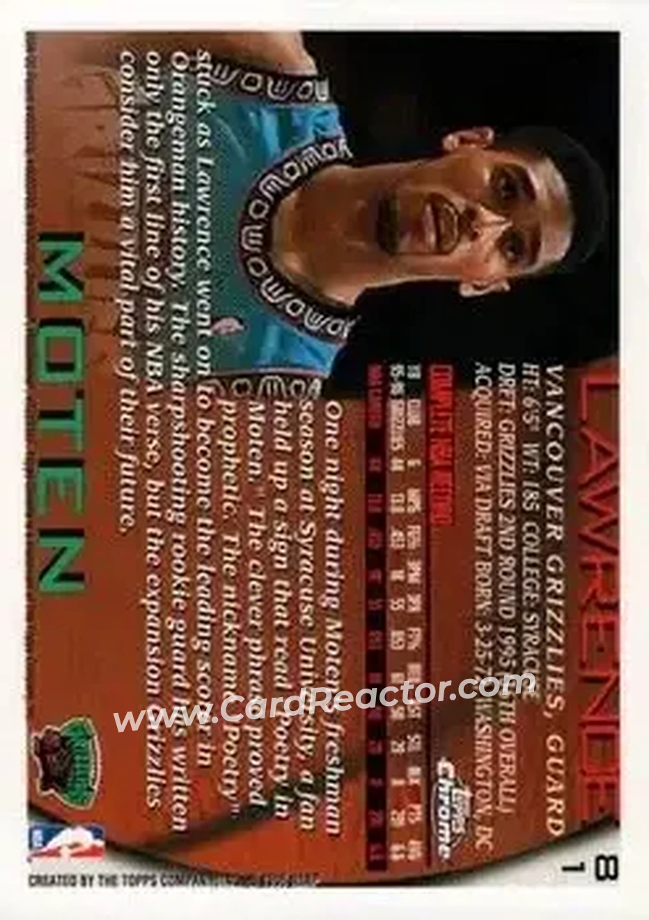 1996-97 Topps Chrome #81 - Lawrence Moten - Vancouver Grizzlies - Back