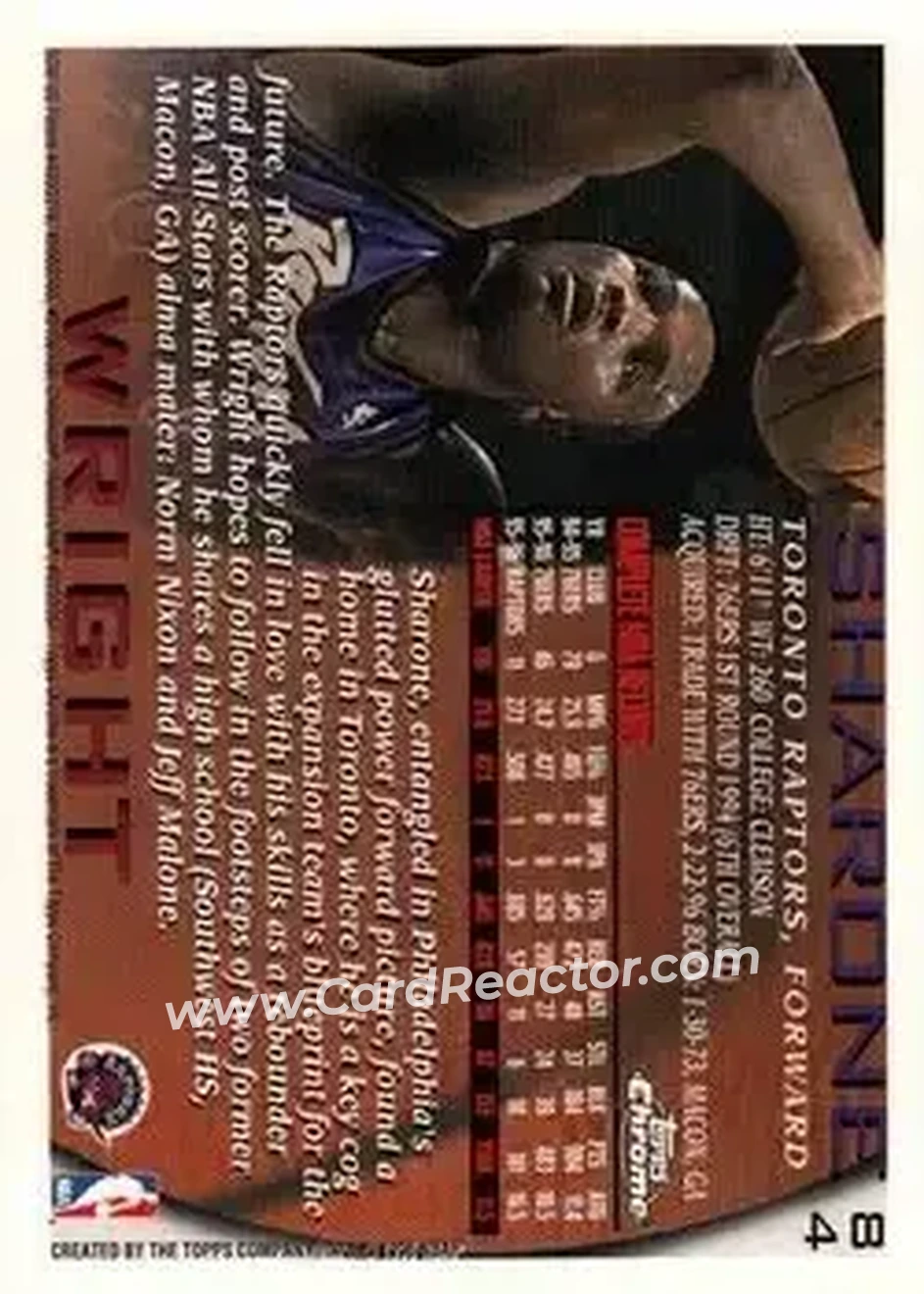 1996-97 Topps Chrome #84 - Sharone Wright - Toronto Raptors - Back