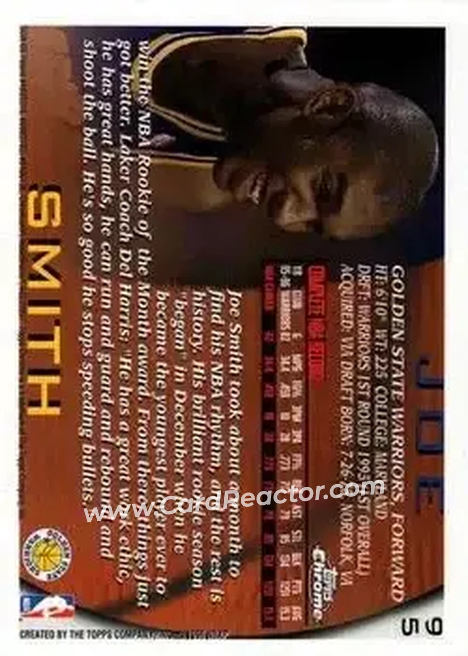 1996-97 Topps Chrome #95 - Joe Smith - Golden State Warriors - Back
