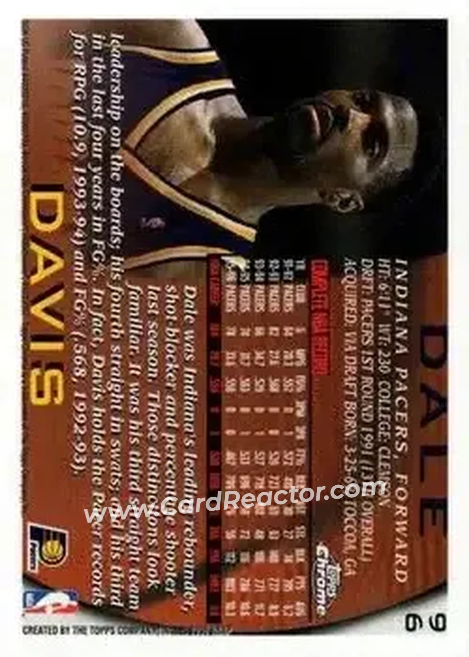 1996-97 Topps Chrome #96 - Dale Davis - Indiana Pacers - Back
