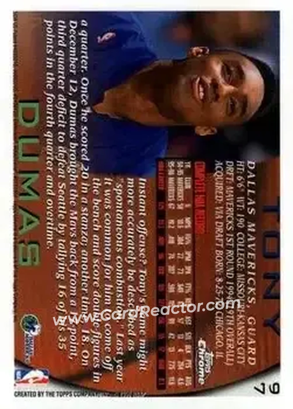 1996-97 Topps Chrome #97 - Tony Dumas - Dallas Mavericks - Back