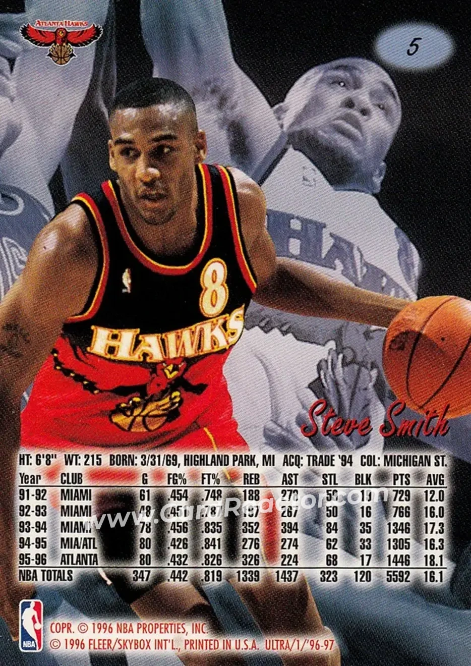 1996-97 Ultra #5 - Steve Smith - Atlanta Hawks - Back 1996-97 Ultra #5 - Steve Smith - Atlanta Hawks - Back