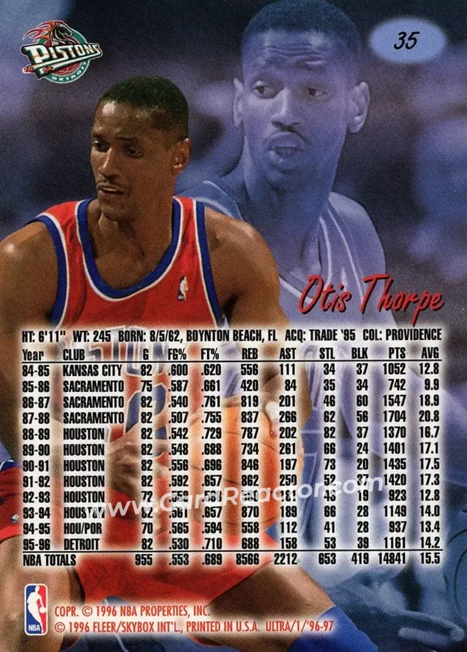 1996-97 Ultra #35 - Otis Thorpe - Detroit Pistons - Back