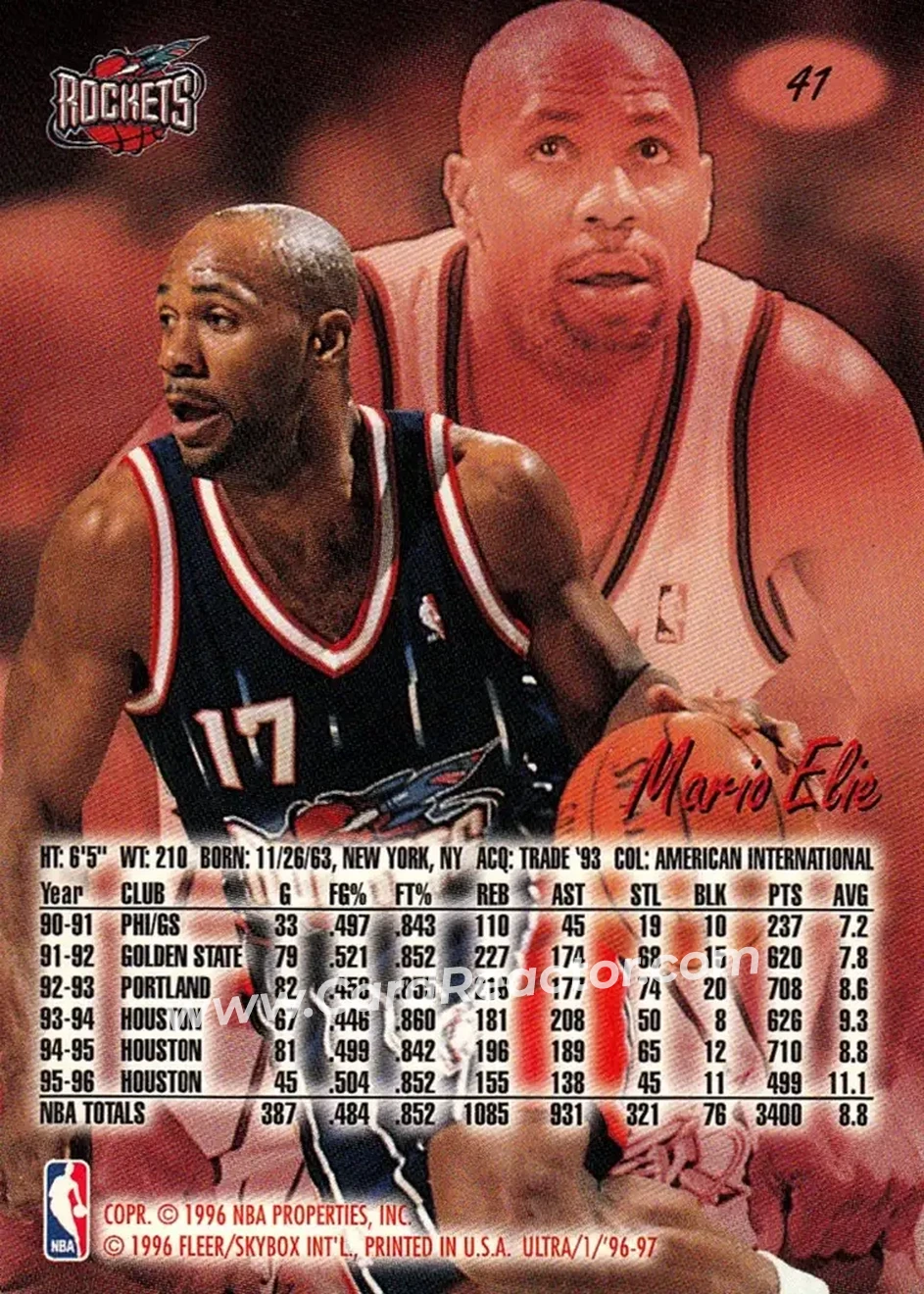 1996-97 Ultra #41 - Mario Elie - Houston Rockets - Back