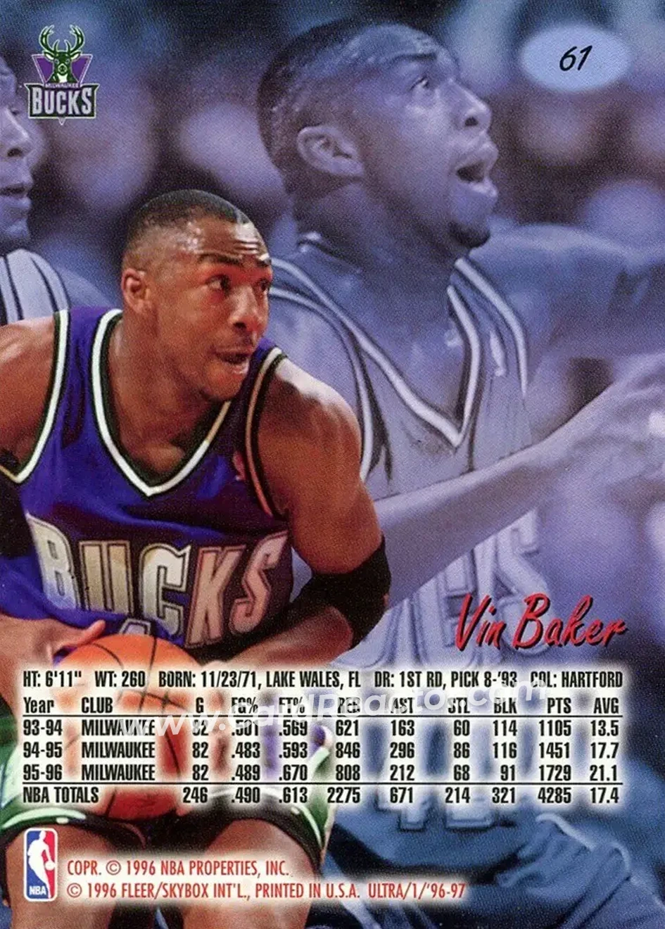 1996-97 Ultra #61 - Vin Baker - Milwaukee Bucks - Back 1996-97 Ultra #61 - Vin Baker - Milwaukee Bucks - Back