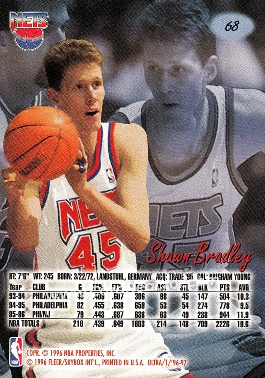 1996-97 Ultra #68 - Shawn Bradley - New Jersey Nets - Back