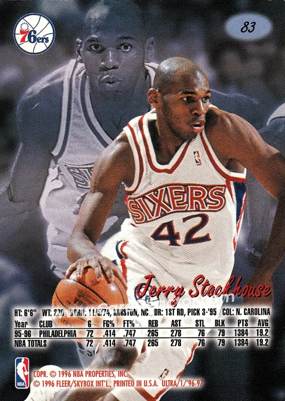 1996-97 Ultra #83 - Jerry Stackhouse - Philadelphia 76ers - Back