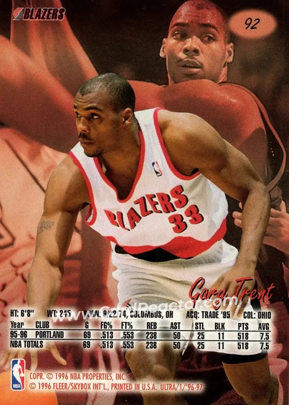 1996-97 Ultra #92 - Gary Trent - Portland Trail Blazers - Back