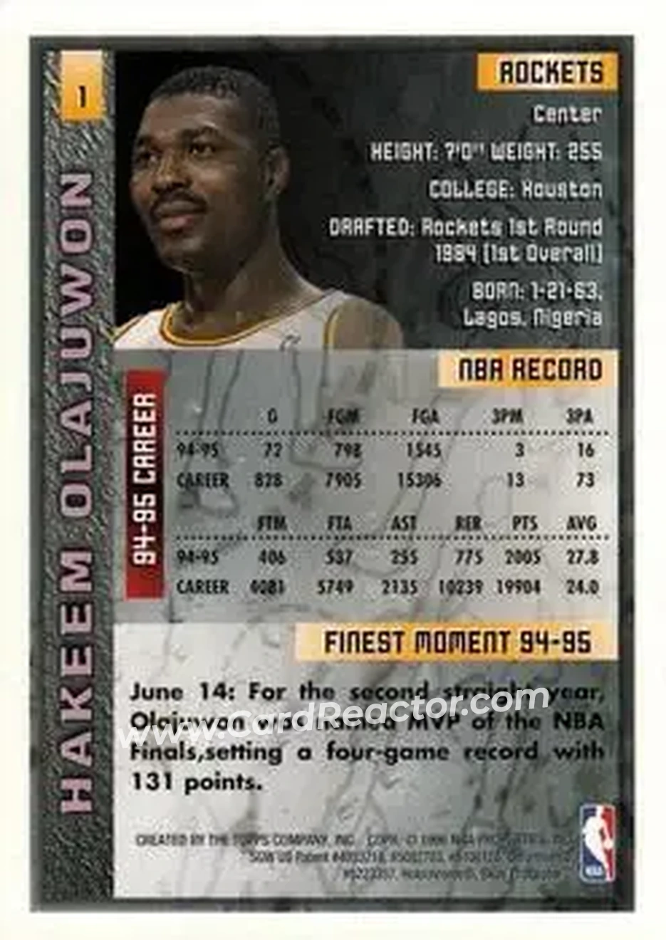 1995-96 Finest #1 - Hakeem Olajuwon - Houston Rockets - Back