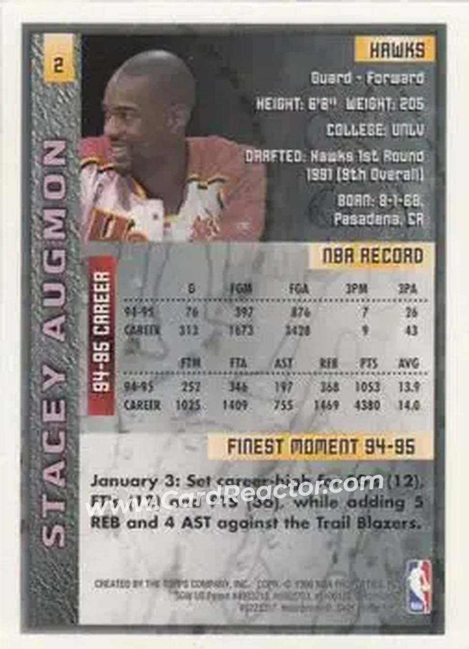 1995-96 Finest #2 - Stacey Augmon - Atlanta Hawks - Back