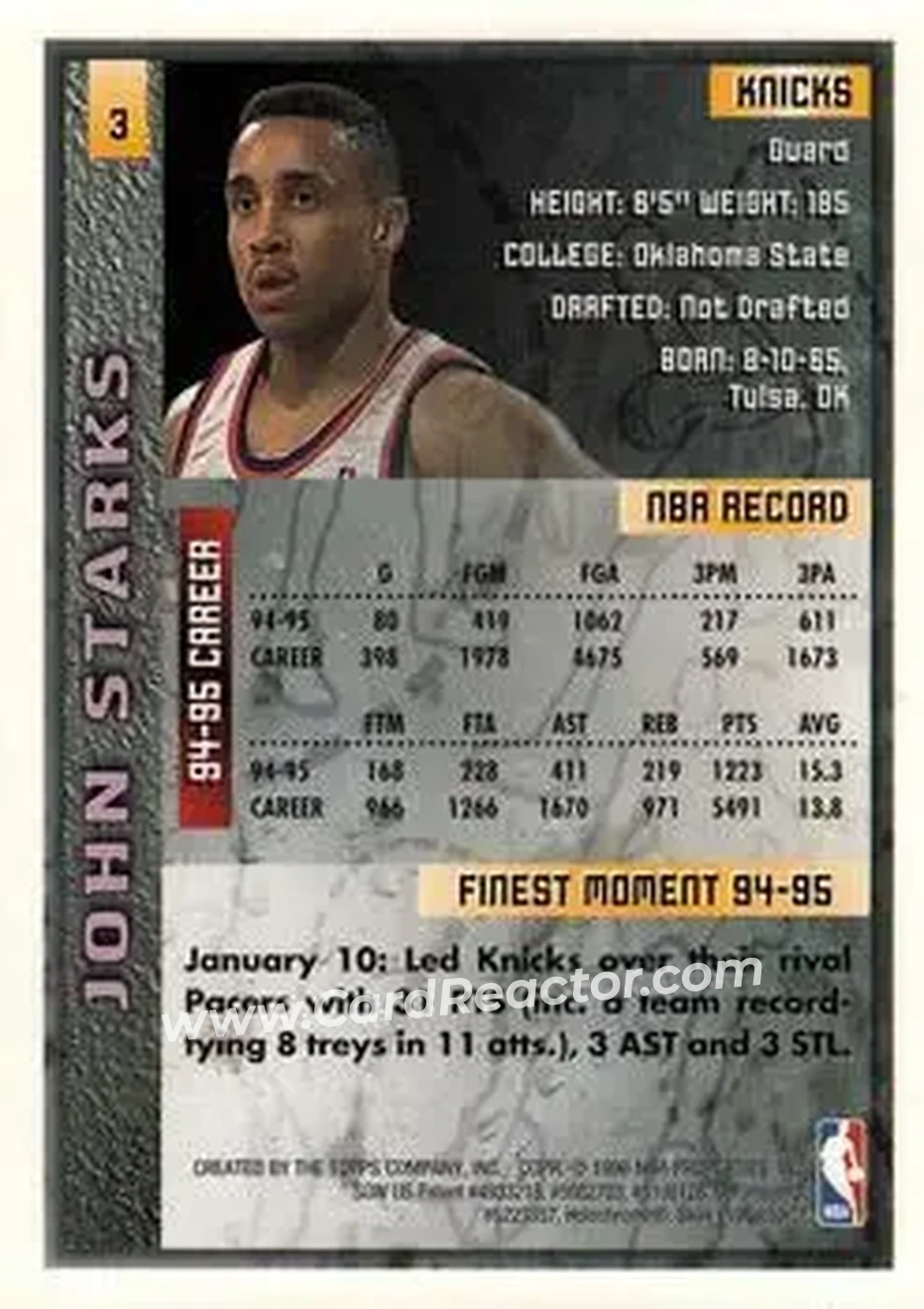 1995-96 Finest #3 - John Starks - New York Knicks - Back