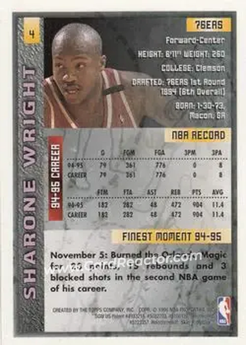 1995-96 Finest #4 - Sharone Wright - Philadelphia 76ers - Back