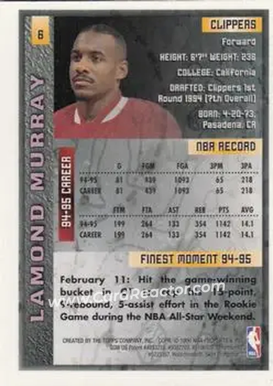 1995-96 Finest #6 - Lamond Murray - Los Angeles Clippers - Back