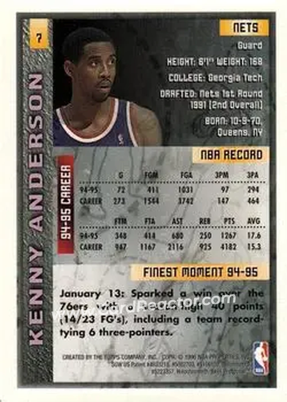 1995-96 Finest #7 - Kenny Anderson - New Jersey Nets - Back