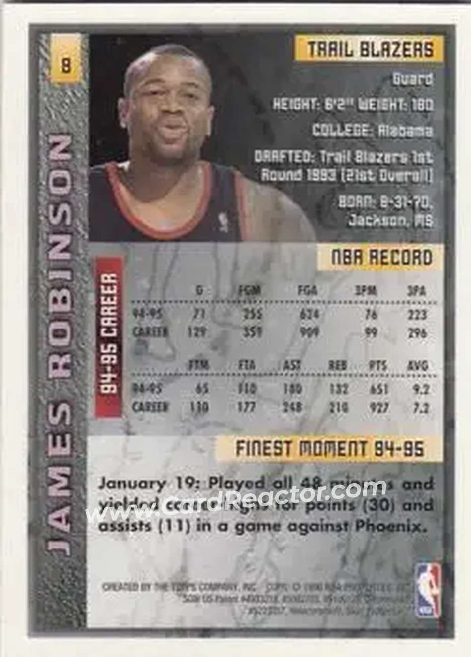 1995-96 Finest #8 - James Robinson - Portland Trail Blazers - Back 1995-96 Finest #8 - James Robinson - Portland Trail Blazers - Back