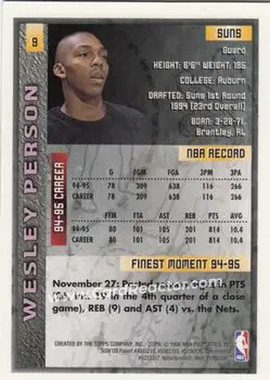 1995-96 Finest #9 - Wesley Person - Phoenix Suns - Back 1995-96 Finest #9 - Wesley Person - Phoenix Suns - Back