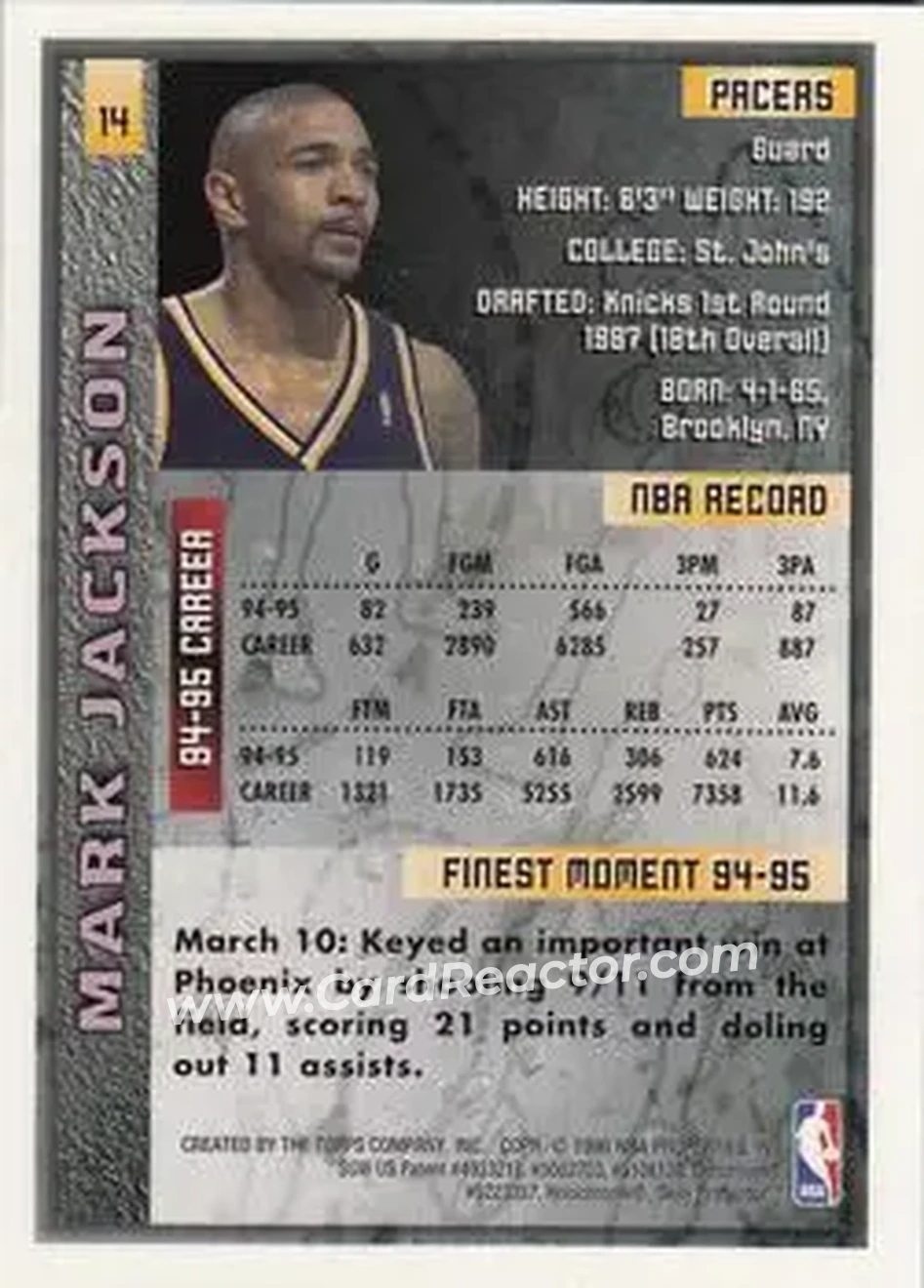 1995-96 Finest #14 - Mark Jackson - Indiana Pacers - Back