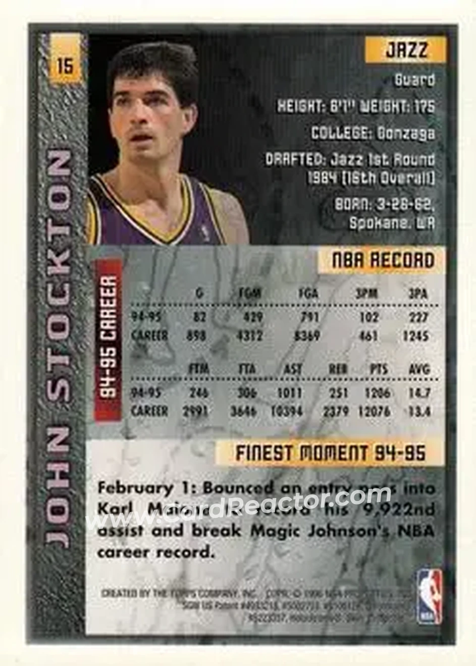 1995-96 Finest #15 - John Stockton - Utah Jazz - Back