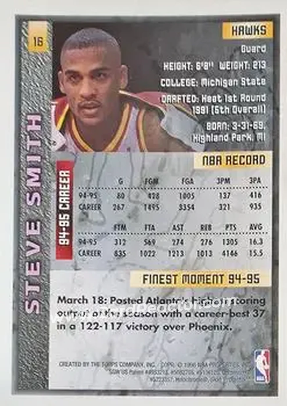 1995-96 Finest #16 - Steve Smith - Atlanta Hawks - Back