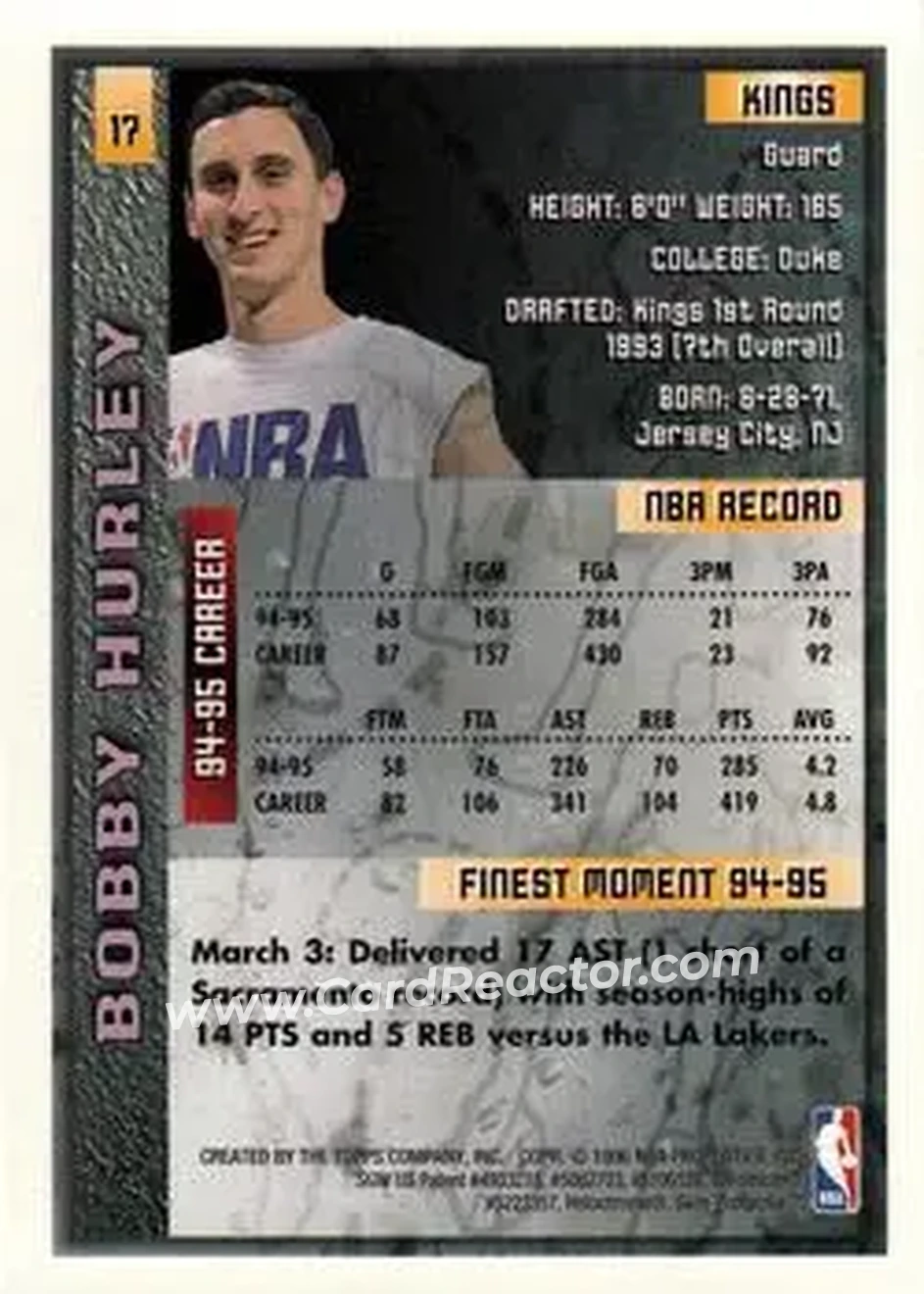 1995-96 Finest #17 - Bobby Hurley - Sacramento Kings - Back