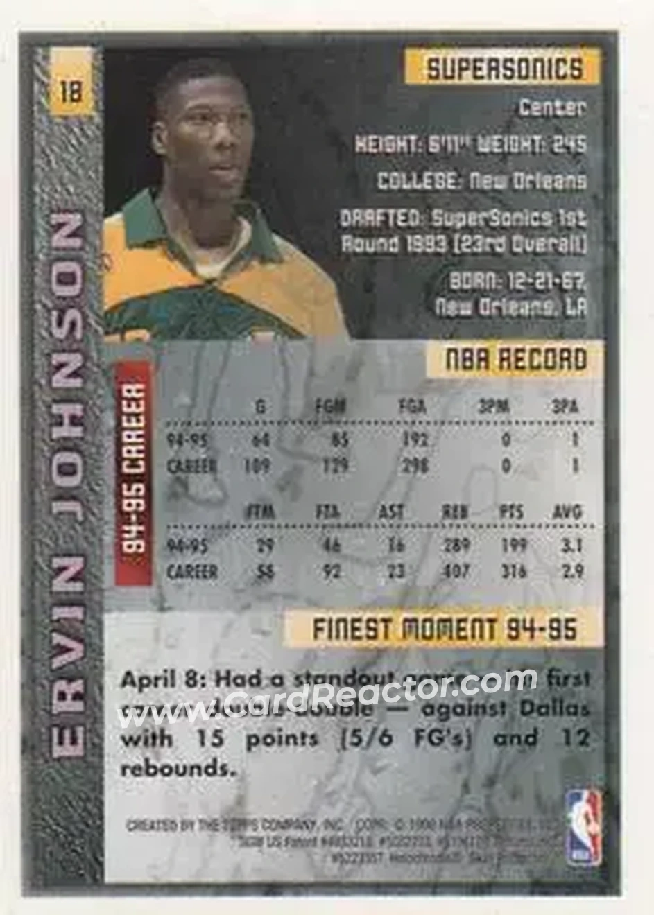 1995-96 Finest #18 - Ervin Johnson - Seattle SuperSonics - Back