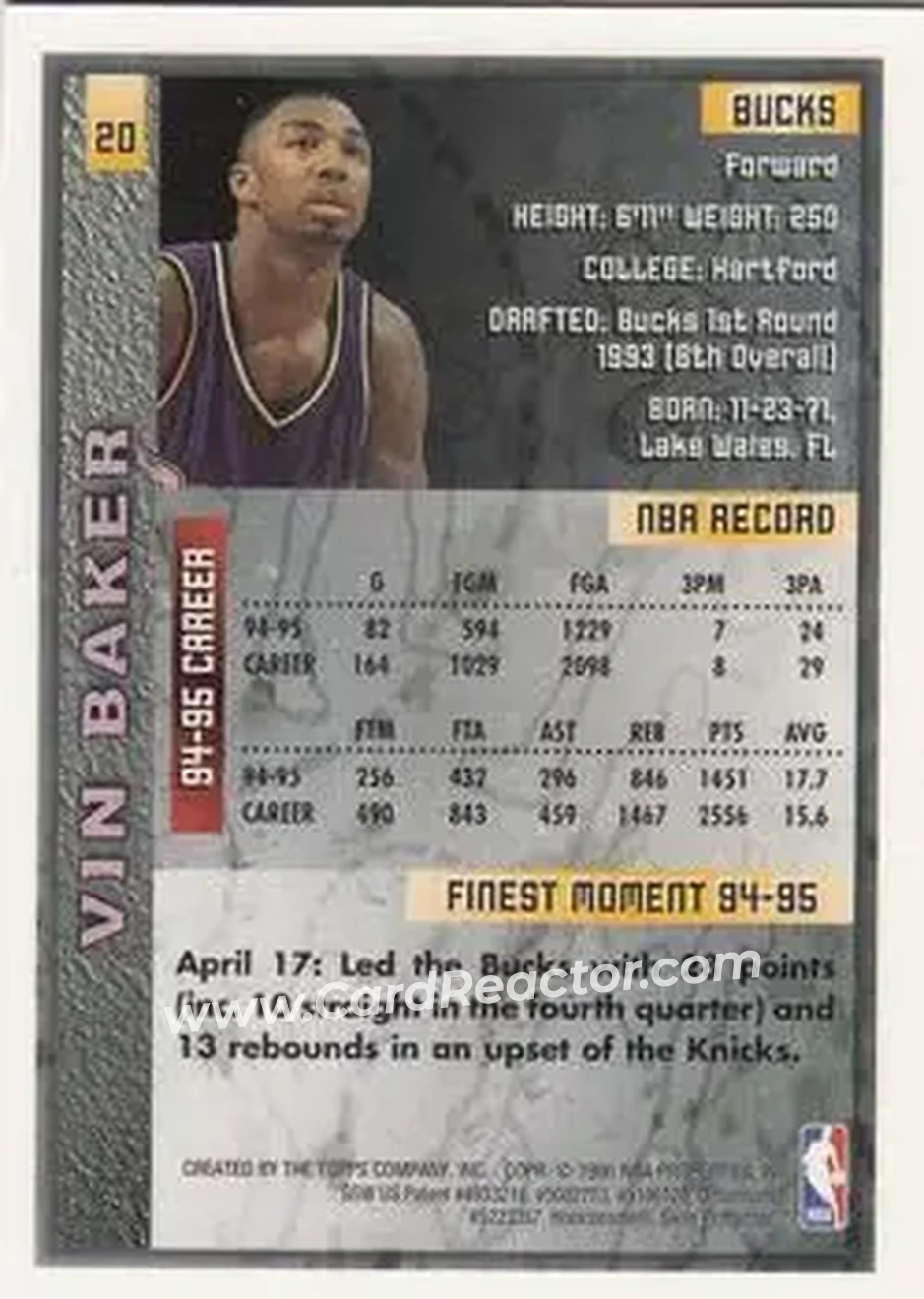 1995-96 Finest #20 - Vin Baker - Milwaukee Bucks - Back