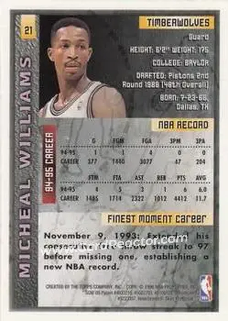 1995-96 Finest #21 - Micheal Williams - Minnesota Timberwolves - Back