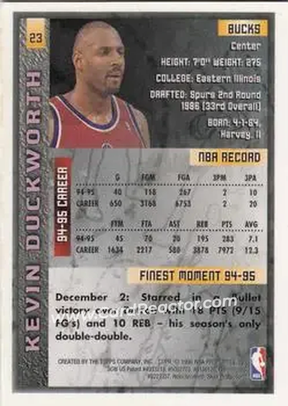 1995-96 Finest #23 - Kevin Duckworth - Milwaukee Bucks - Back