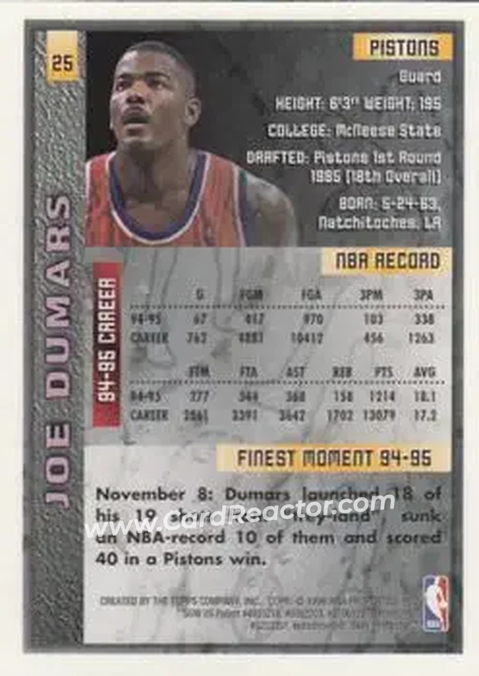 1995-96 Finest #25 - Joe Dumars - Detroit Pistons - Back
