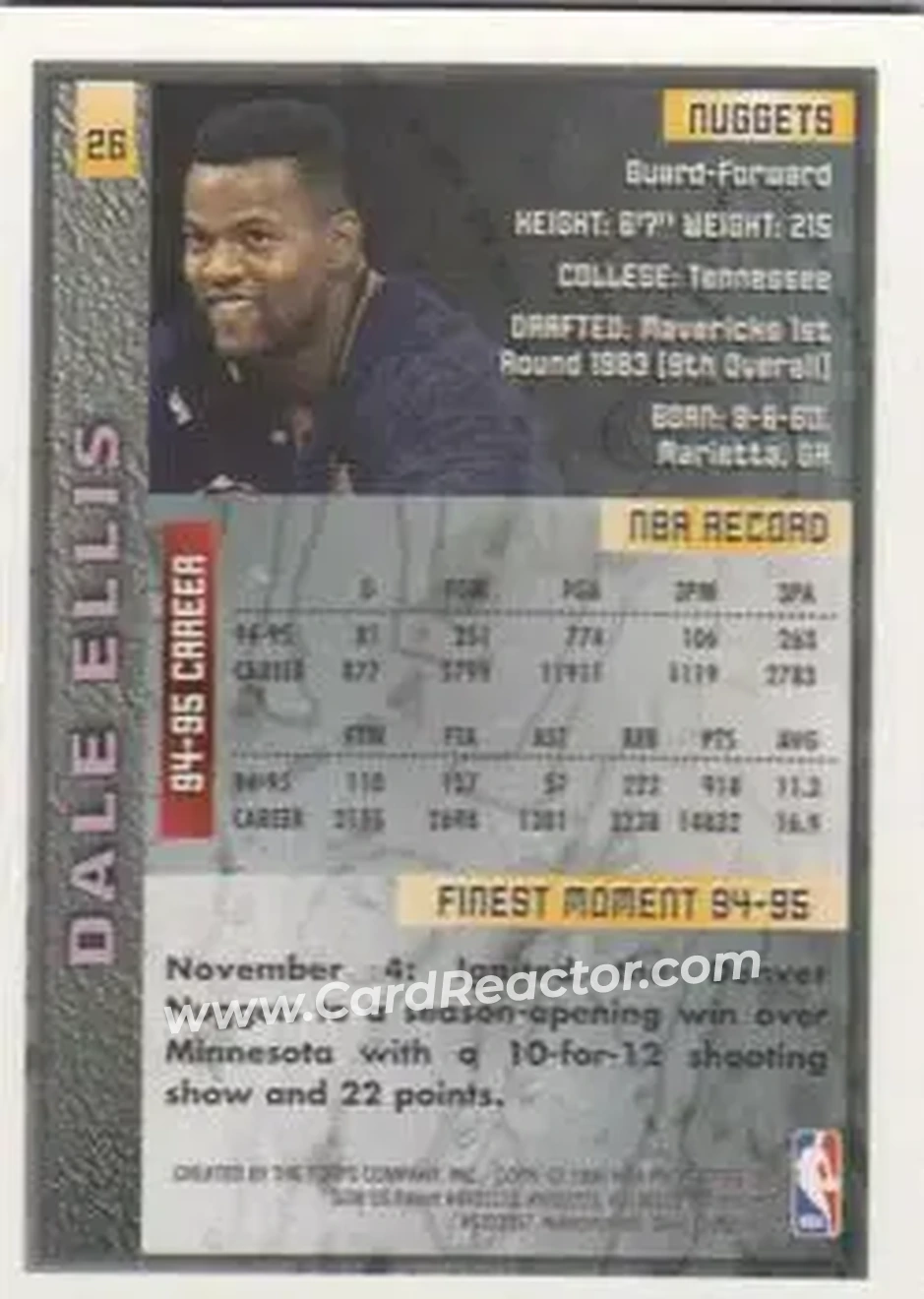 1995-96 Finest #26 - Dale Ellis - Denver Nuggets - Back