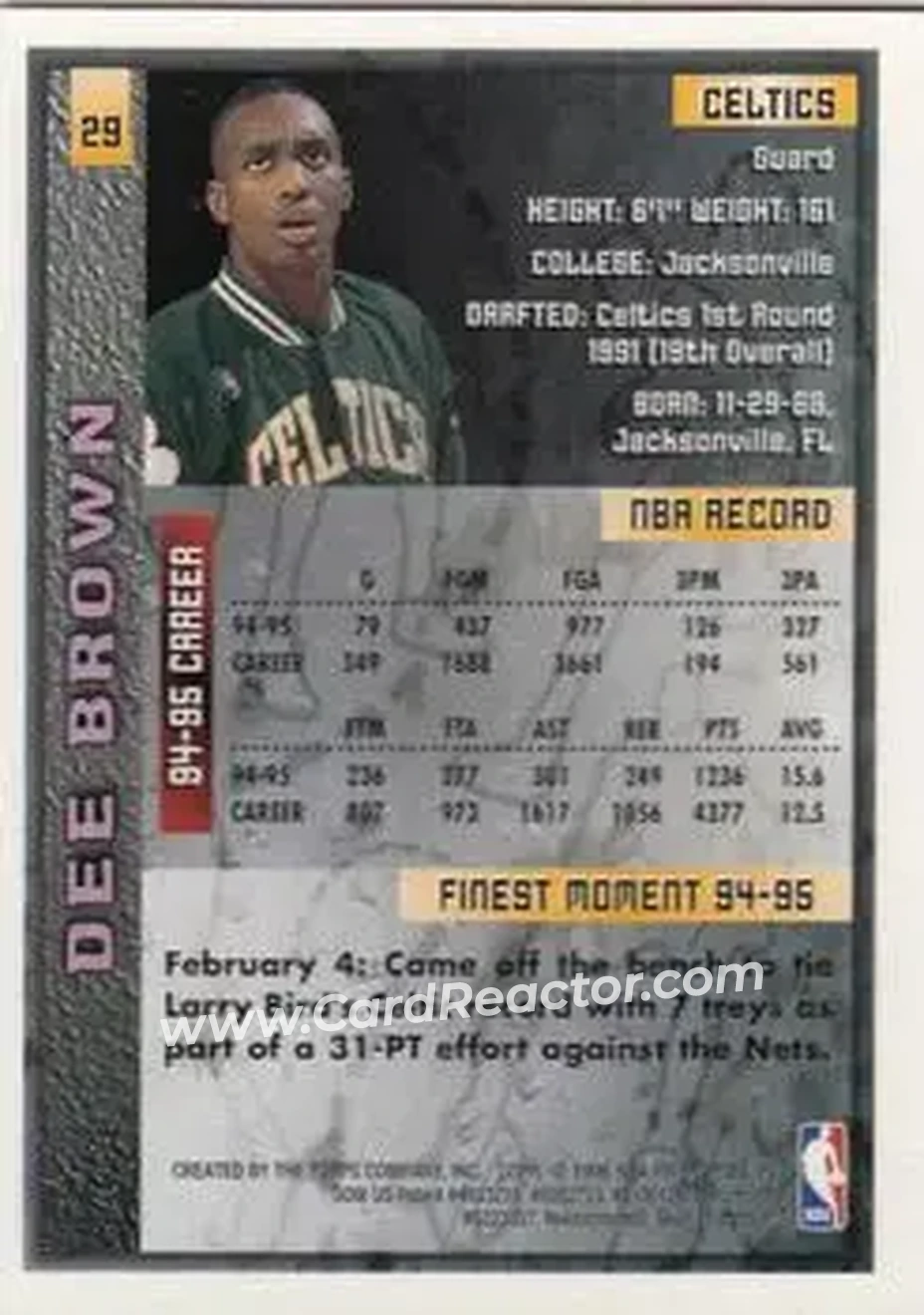 1995-96 Finest #29 - Dee Brown - Boston Celtics - Back 1995-96 Finest #29 - Dee Brown - Boston Celtics - Back