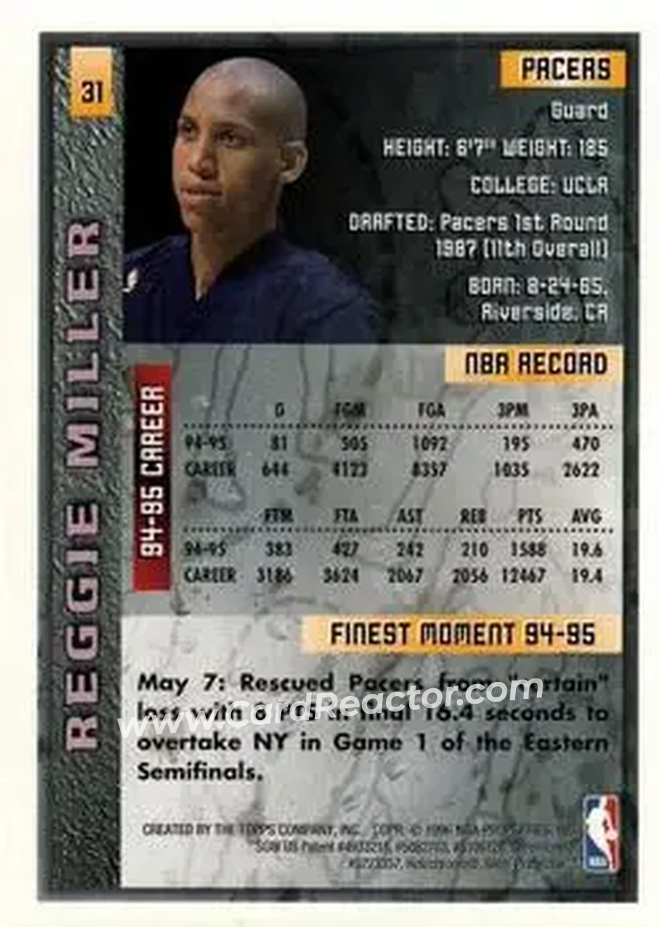 1995-96 Finest #31 - Reggie Miller - Indiana Pacers - Back 1995-96 Finest #31 - Reggie Miller - Indiana Pacers - Back