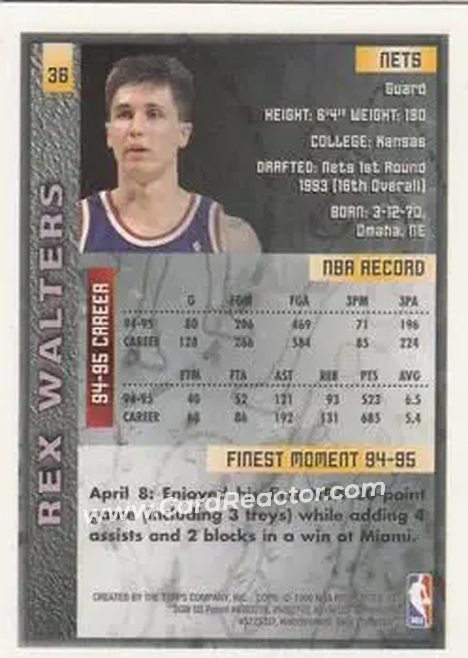 1995-96 Finest #36 - Rex Walters - New Jersey Nets - Back