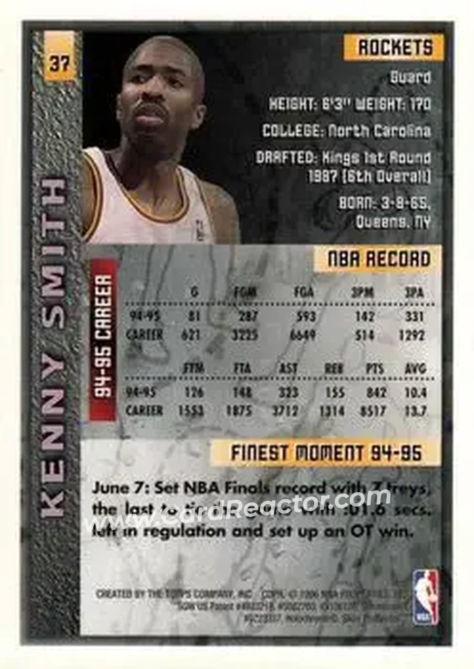 1995-96 Finest #37 - Kenny Smith - Houston Rockets - Back 1995-96 Finest #37 - Kenny Smith - Houston Rockets - Back
