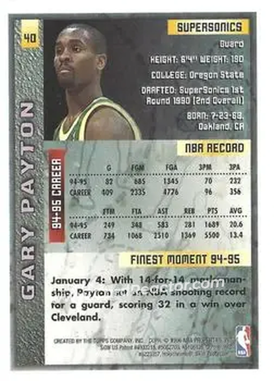 1995-96 Finest #40 - Gary Payton - Seattle SuperSonics - Back