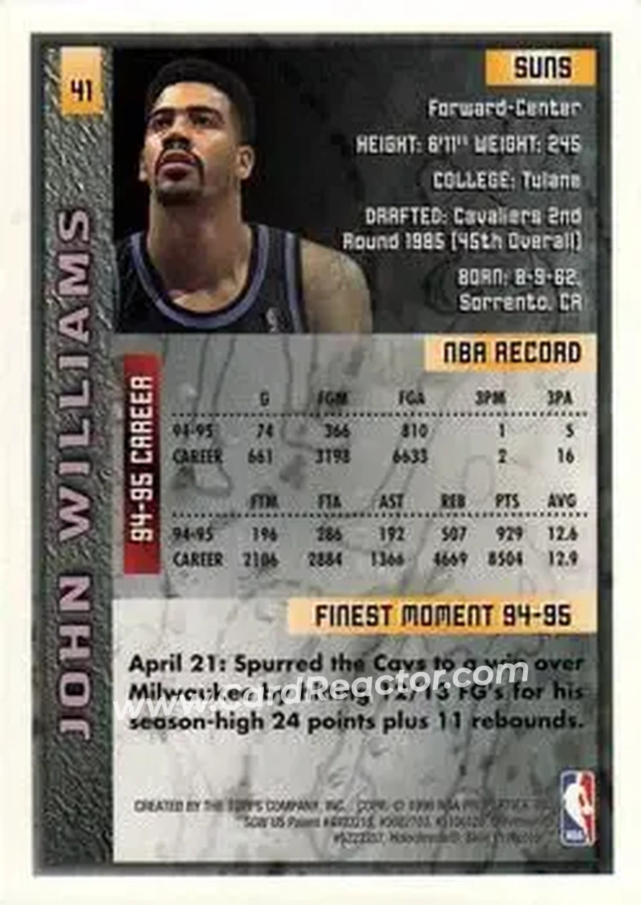 1995-96 Finest #41 - John Williams - Phoenix Suns - Back
