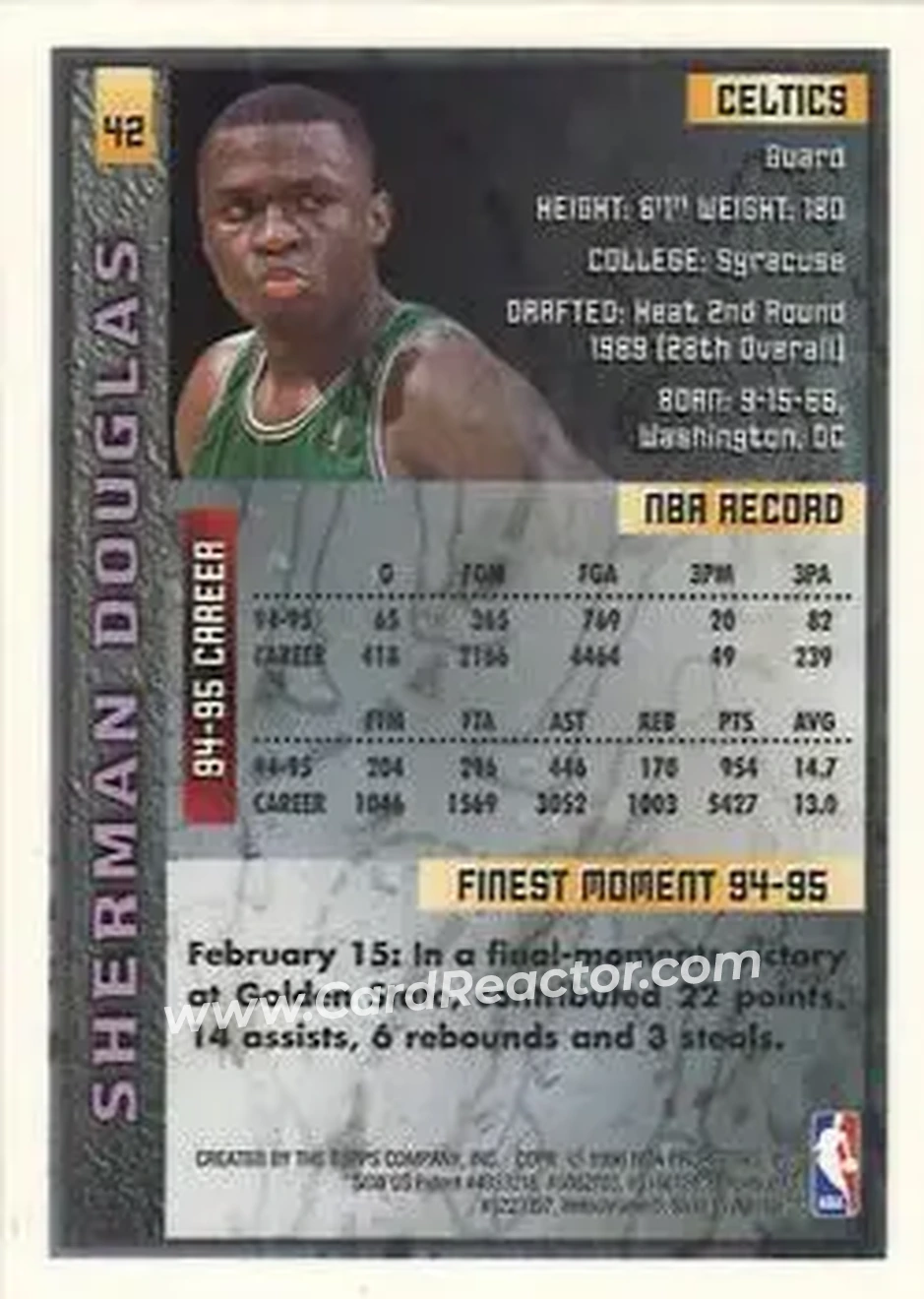 1995-96 Finest #42 - Sherman Douglas - Boston Celtics - Back 1995-96 Finest #42 - Sherman Douglas - Boston Celtics - Back