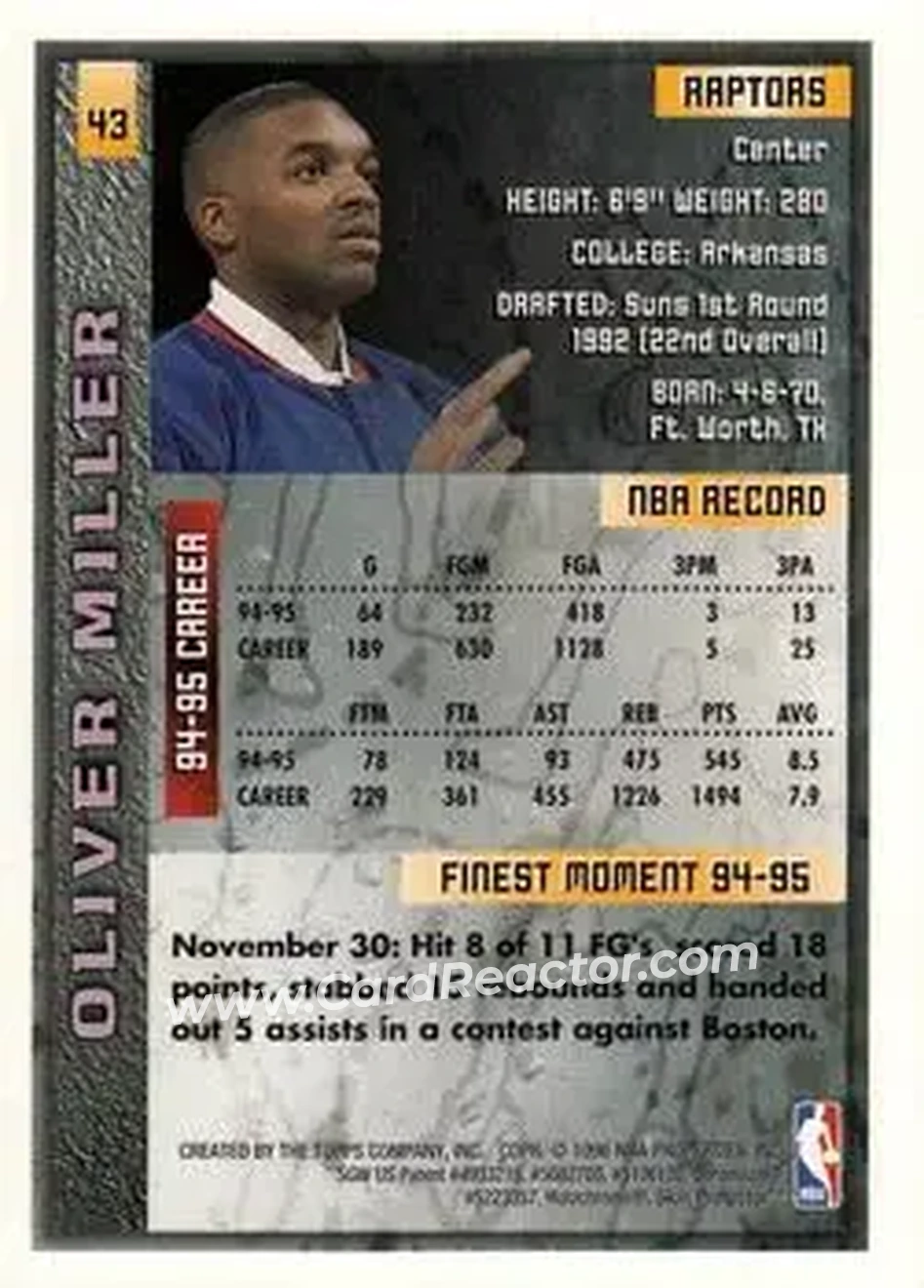 1995-96 Finest #43 - Oliver Miller - Toronto Raptors - Back 1995-96 Finest #43 - Oliver Miller - Toronto Raptors - Back