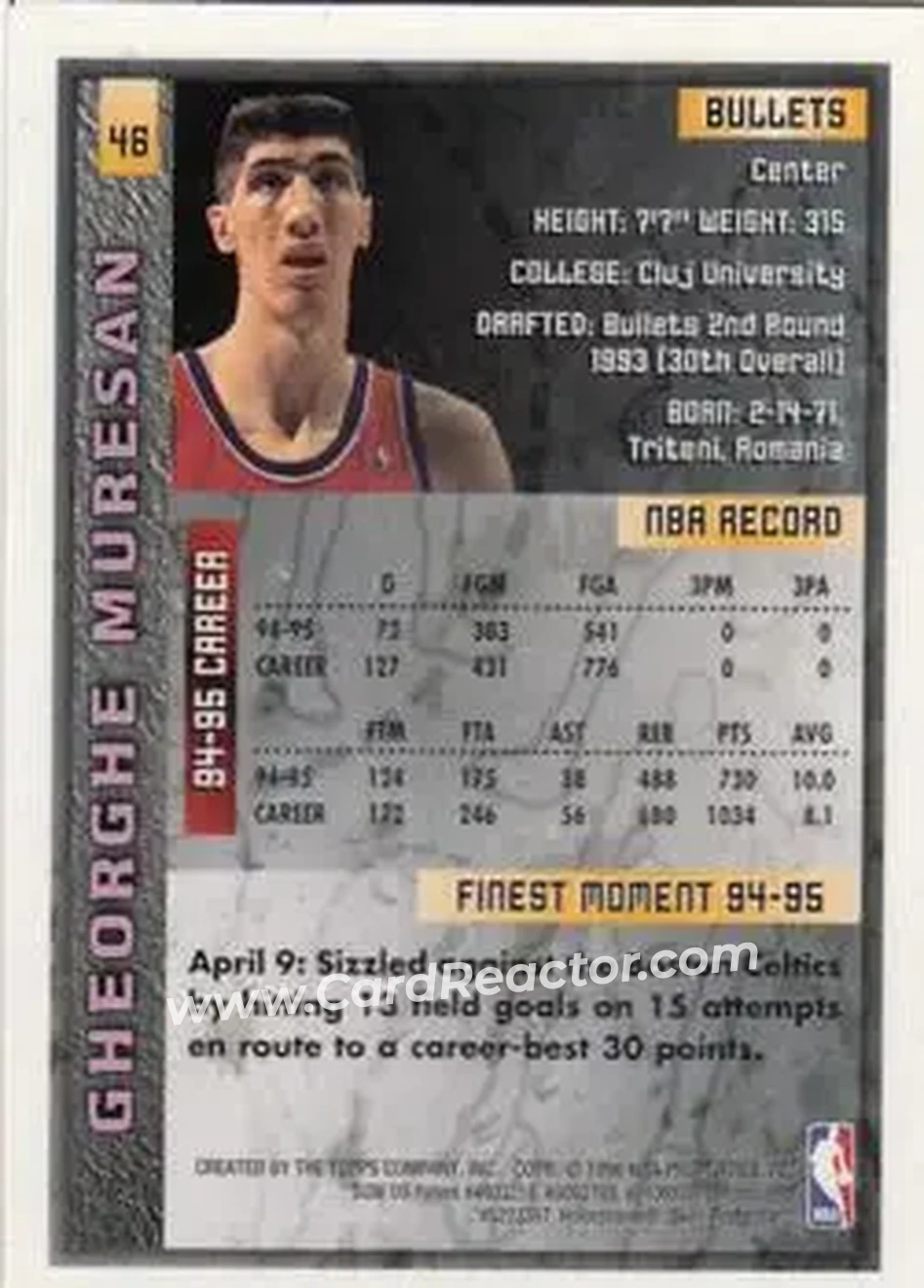 1995-96 Finest #46 - Gheorghe Mureșan - Washington Bullets - Back