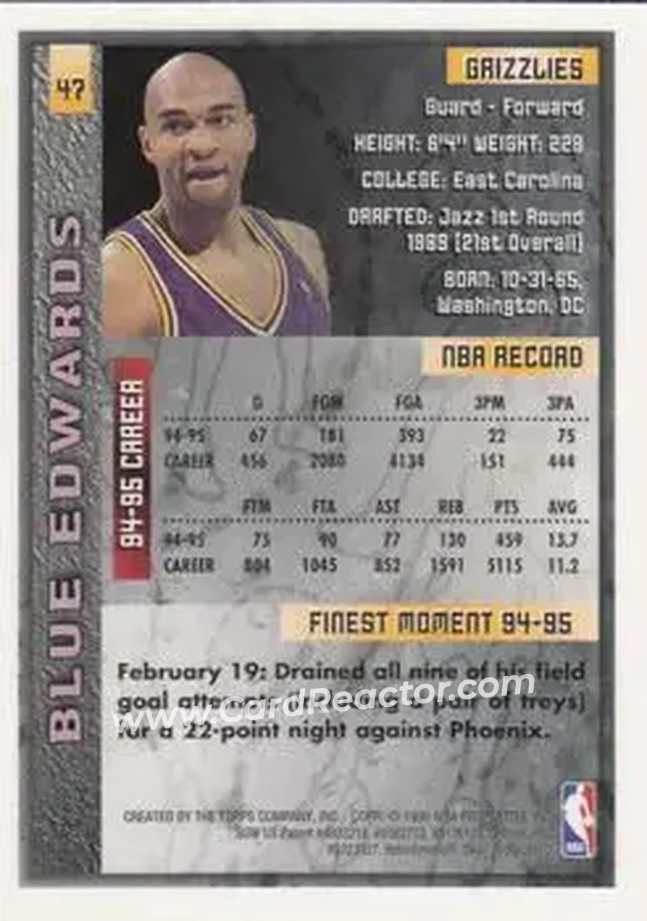 1995-96 Finest #47 - Blue Edwards - Vancouver Grizzlies - Back
