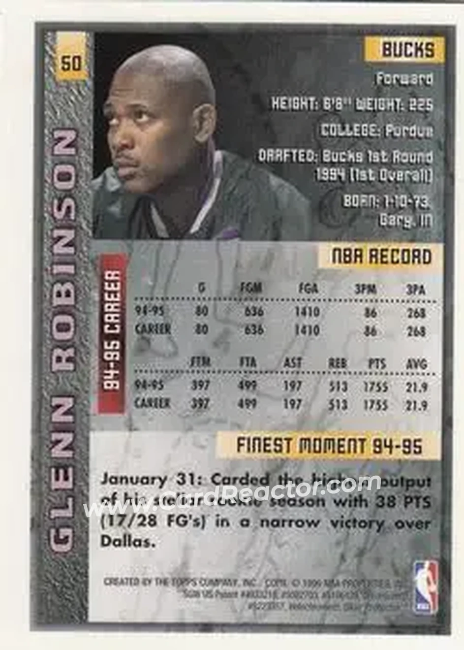 1995-96 Finest #50 - Glenn Robinson - Milwaukee Bucks - Back
